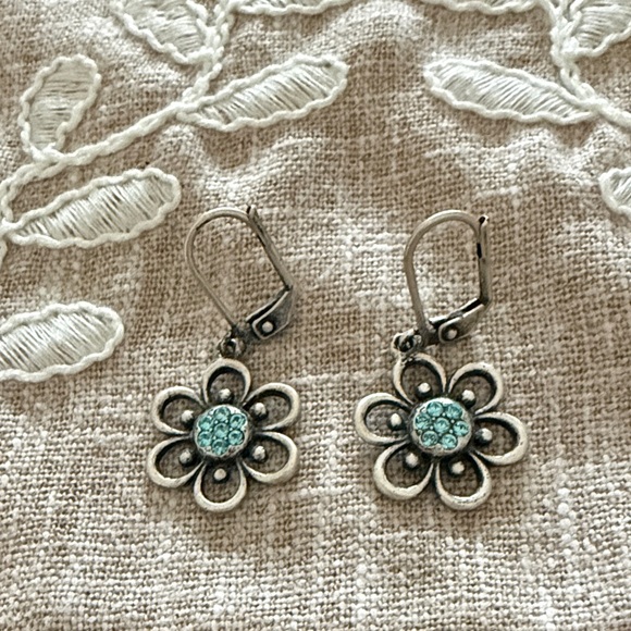Touchstone Crystal Jewelry - Touchstone Crystal Silver-Tone Flower Earrings with Aqua Crystals